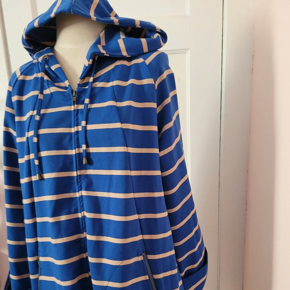 For Cynthia Blue and Tan Stripe Hooded High Low Jacket. Size XL - Picture 4 of 12